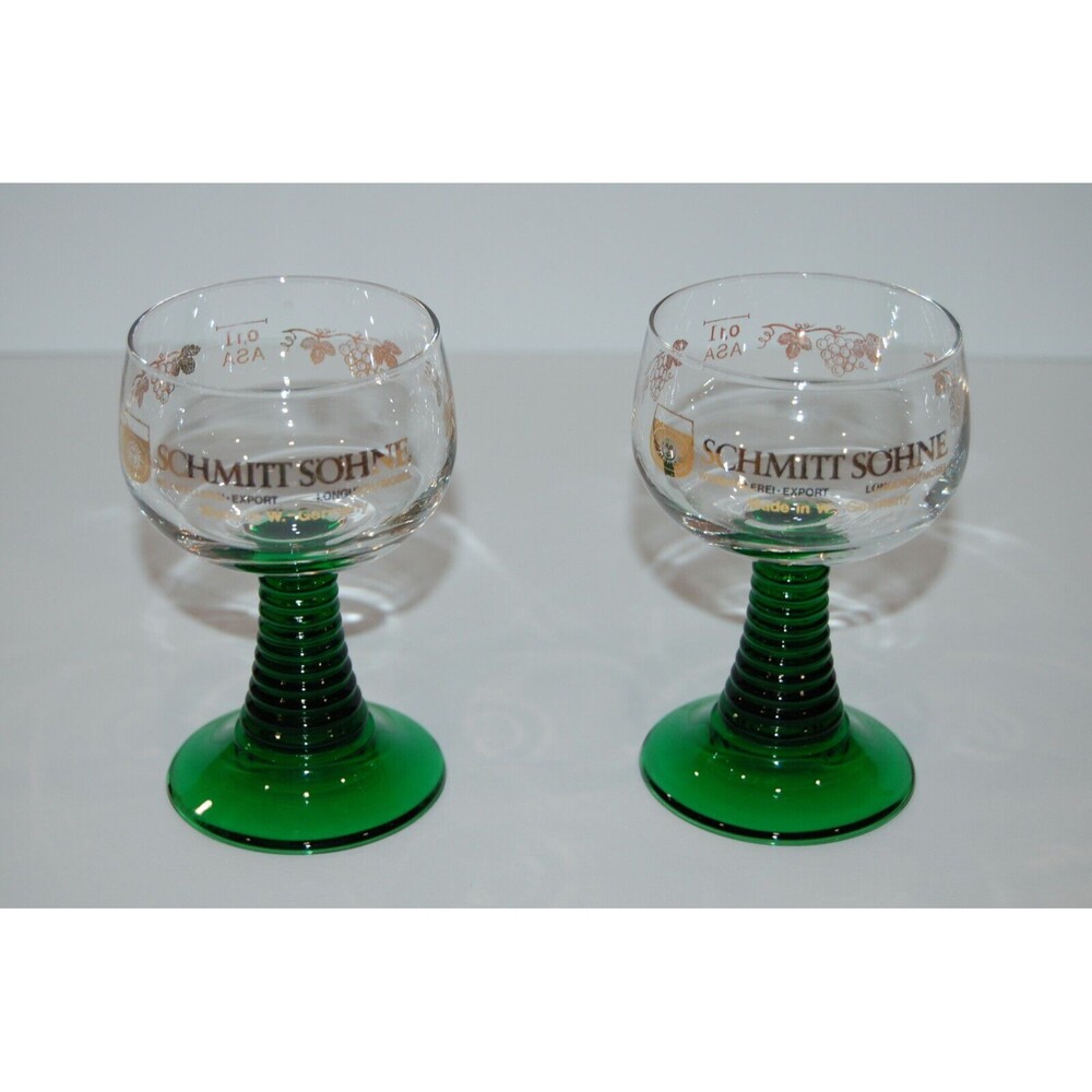 2 Vintage German SCHMITT SOHNE Cordial Wine GLASSES Goblet Green Ribbed Stem